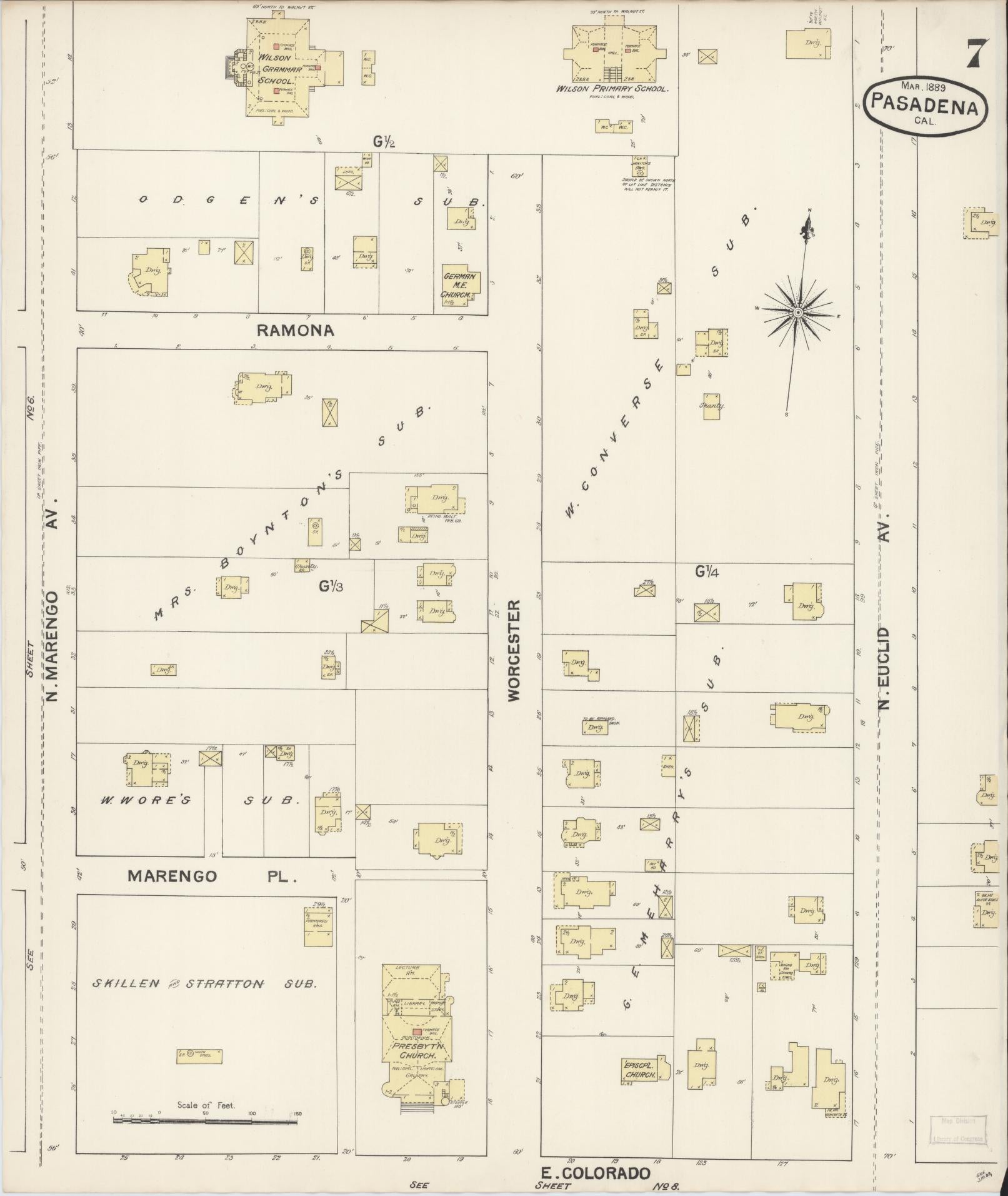 Sanborn Fire Insurance Map from Pasadena, Los Angeles County, California (1889), Sheet #0007 - Complete Map Set gallery image, historic Sanborn map, vintage wall art, California California