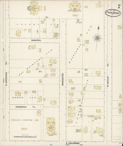 Sanborn Fire Insurance Map from Pasadena, Los Angeles County, California (1889), Sheet #0007 - Complete Map Set gallery image, historic Sanborn map, vintage wall art, California California