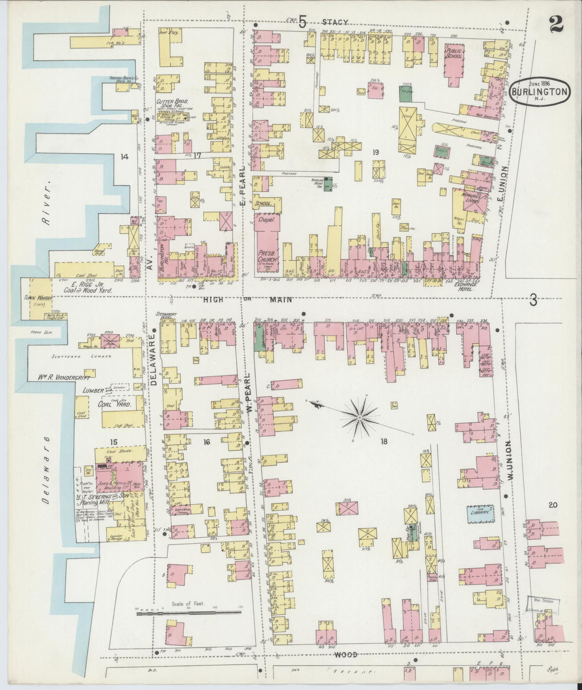 Sanborn Fire Insurance Map from Burlington, Burlington County, New Jersey (1896), Sheet #0002 - Historic Sanborn Fire Insurance Map Print, vintage old map wall art, antique decor, genealogy gift, New Jersey New Jersey map