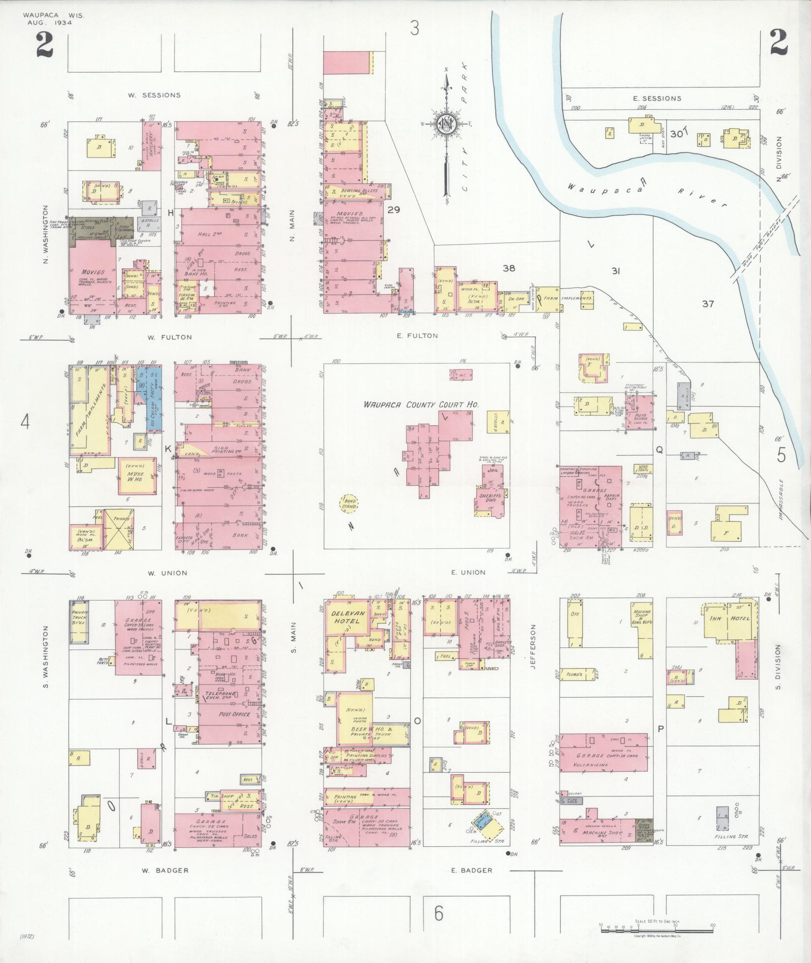 Sanborn Fire Insurance Map from Waupaca, Waupaca County, Wisconsin (1934), Sheet #0002 - Historic Sanborn Fire Insurance Map Print, vintage old map wall art, antique decor, genealogy gift, Wisconsin Wisconsin map