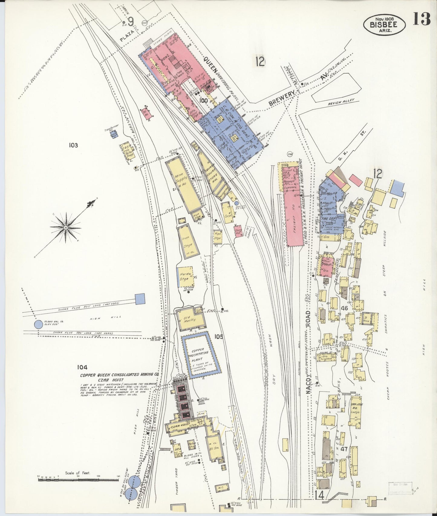 Sanborn Fire Insurance Map from Bisbee, Cochise County, Arizona (1908), Sheet #0013 - Historic Sanborn Fire Insurance Map Print, vintage old map wall art, antique decor, genealogy gift, Arizona Arizona map