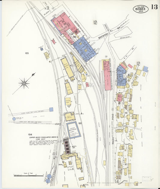 Sanborn Fire Insurance Map from Bisbee, Cochise County, Arizona (1908), Sheet #0013 - Historic Sanborn Fire Insurance Map Print, vintage old map wall art, antique decor, genealogy gift, Arizona Arizona map