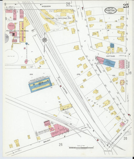 Sanborn Fire Insurance Map from Pontiac, Oakland County, Michigan (1919), Sheet #0025 - Historic Sanborn Fire Insurance Map Print, vintage old map wall art, antique decor, genealogy gift, Michigan Michigan map