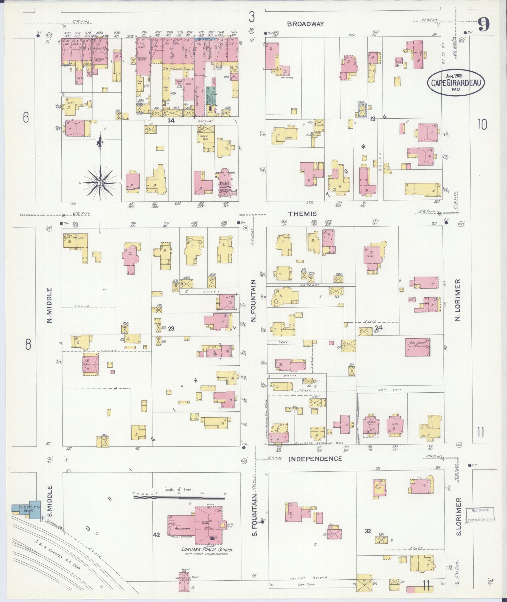 Sanborn Fire Insurance Map from Cape Girardeau, Cape Girardeau County, Missouri (1908), Sheet #0009 - Complete Map Set gallery image, historic Sanborn map, vintage wall art, Missouri Missouri