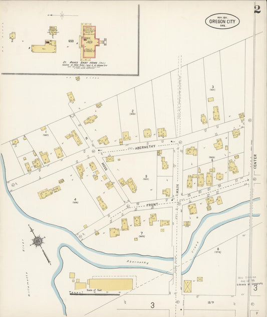 Sanborn Fire Insurance Map from Oregon City, Clackamas County, Oregon (1911), Sheet #0002 - Historic Sanborn Fire Insurance Map Print, vintage old map wall art, antique decor, genealogy gift, Oregon Oregon map