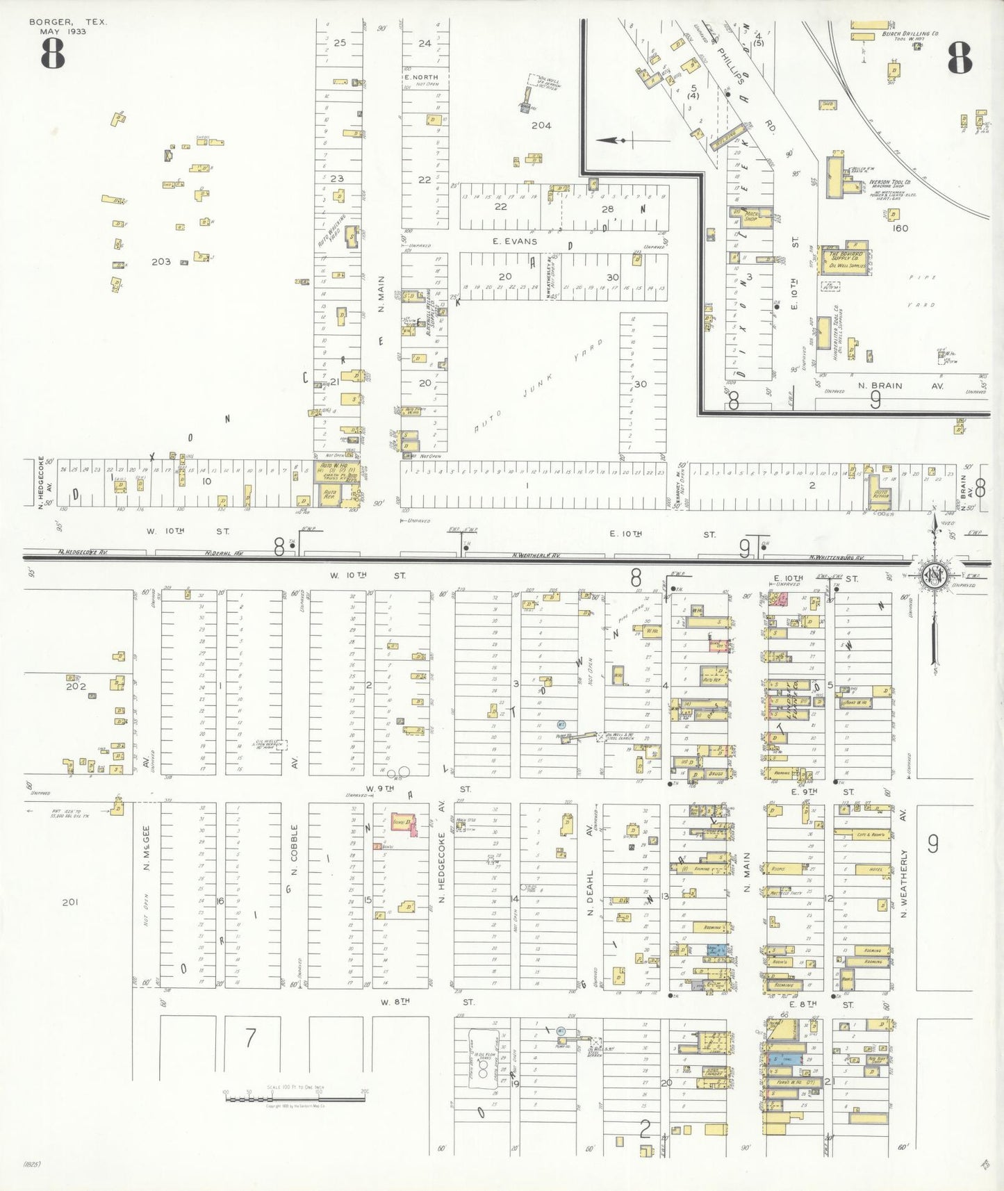 Sanborn Fire Insurance Map from Borger, Hutchinson County, Texas (1933), Sheet #0008 - Historic Sanborn Fire Insurance Map Print, vintage old map wall art, antique decor, genealogy gift, Texas Texas map