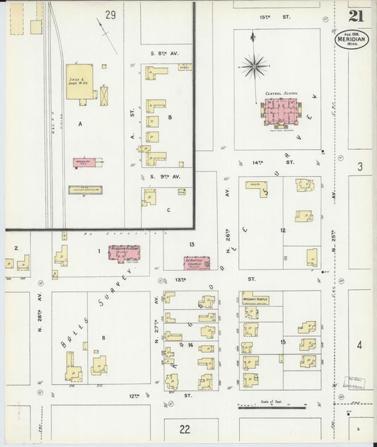 Sanborn Fire Insurance Map from Meridian, Lauderdale County, Mississippi (1906), Sheet #0021 - Historic Sanborn Fire Insurance Map Print, vintage old map wall art, antique decor, genealogy gift, Mississippi Mississippi map