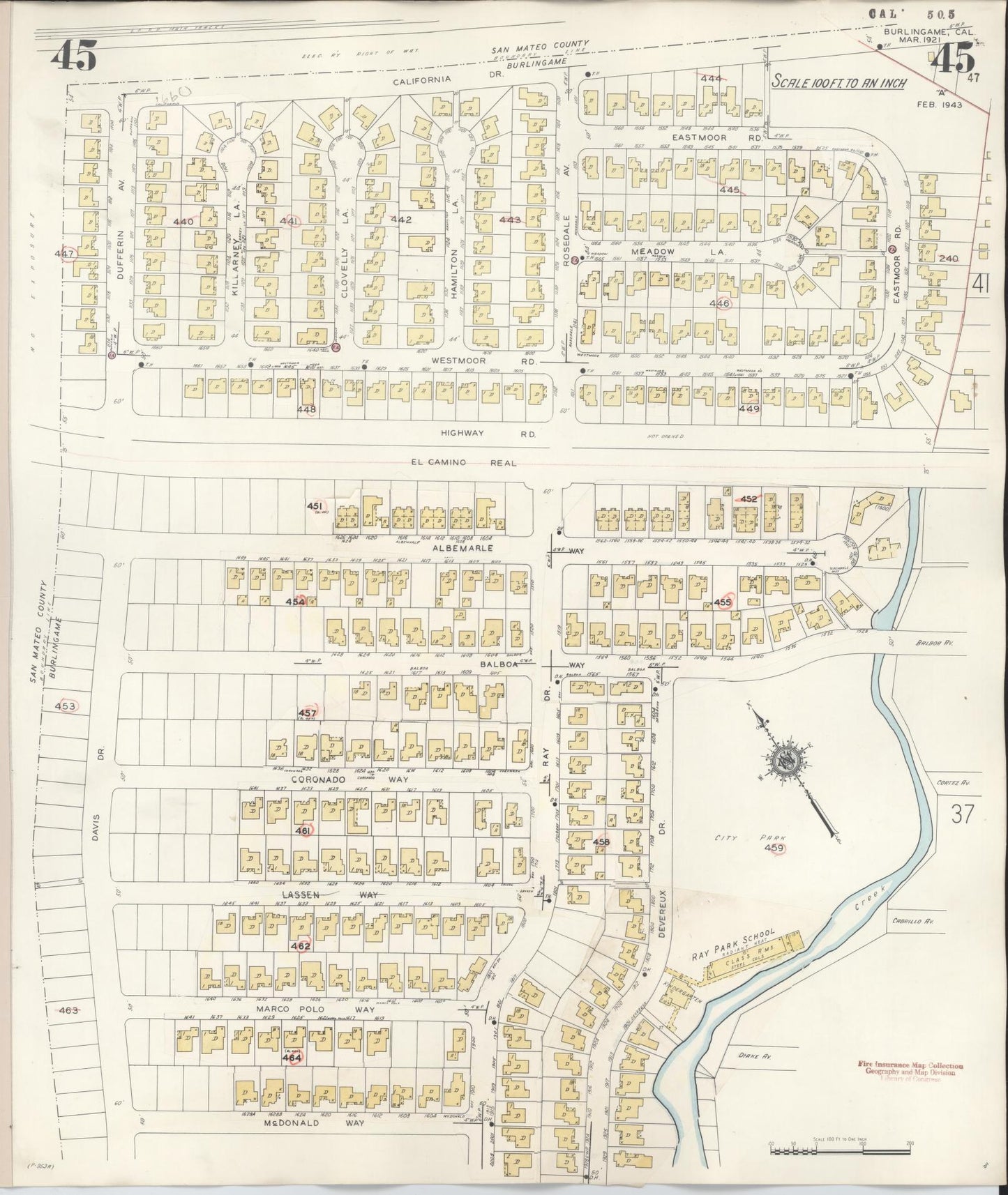 Sanborn Fire Insurance Map from Burlingame, San Mateo County, California (1949), Sheet #0045 - Historic Sanborn Fire Insurance Map Print, vintage old map wall art, antique decor, genealogy gift, California California map