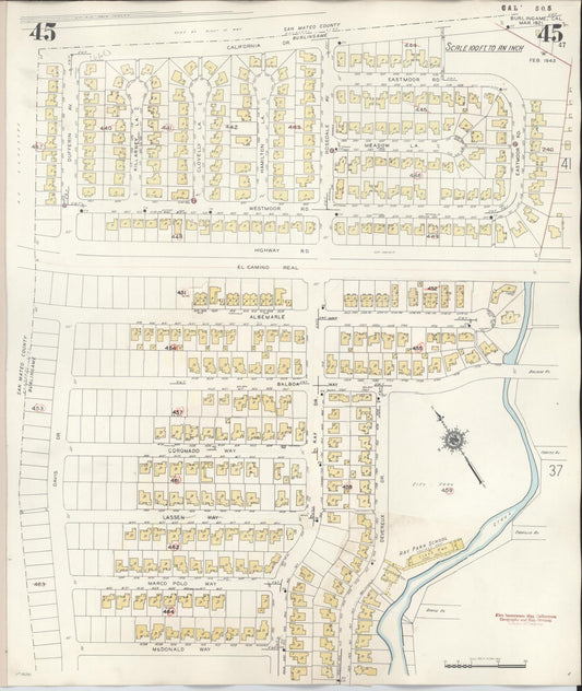 Sanborn Fire Insurance Map from Burlingame, San Mateo County, California (1949), Sheet #0045 - Historic Sanborn Fire Insurance Map Print, vintage old map wall art, antique decor, genealogy gift, California California map