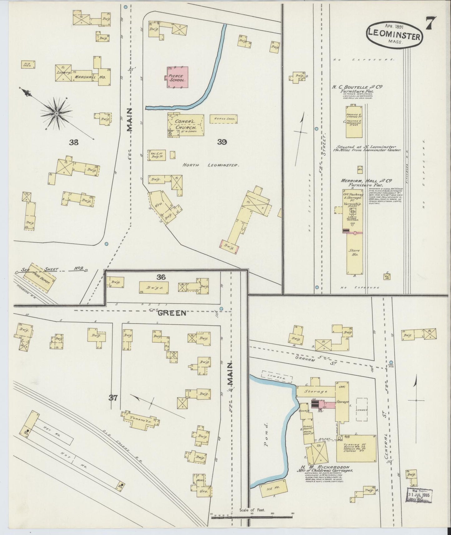 Sanborn Fire Insurance Map from Leominster, Worcester County, Massachusetts (1891), Sheet #0007 - Historic Sanborn Fire Insurance Map Print, vintage old map wall art, antique decor, genealogy gift, Massachusetts Massachusetts map