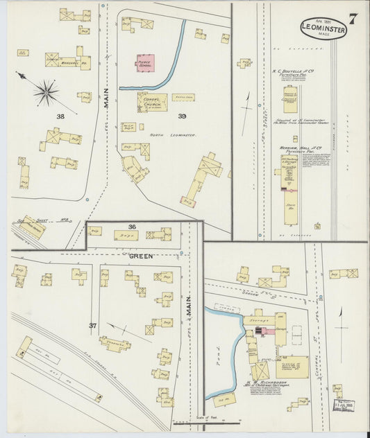 Sanborn Fire Insurance Map from Leominster, Worcester County, Massachusetts (1891), Sheet #0007 - Historic Sanborn Fire Insurance Map Print, vintage old map wall art, antique decor, genealogy gift, Massachusetts Massachusetts map
