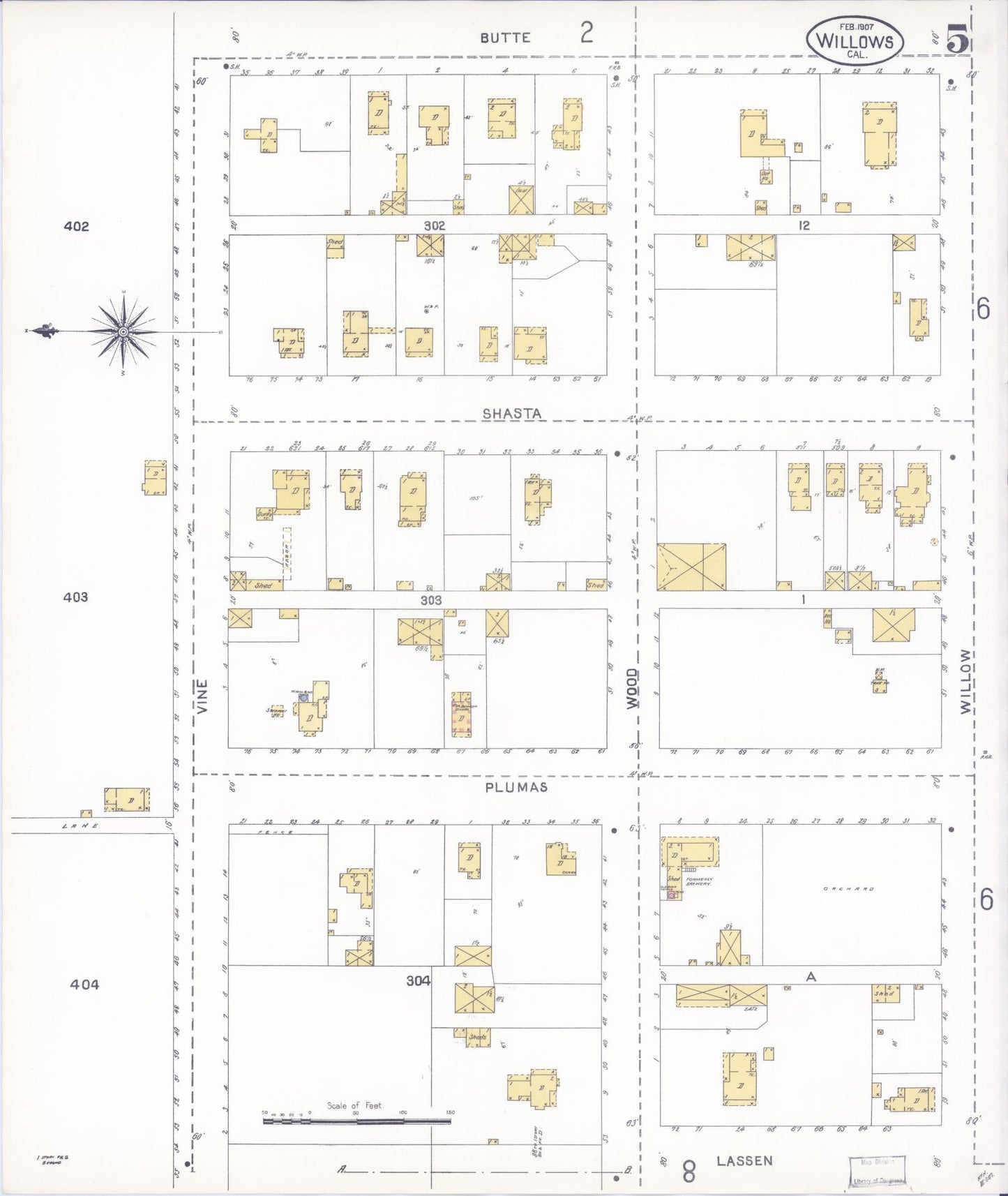 Sanborn Fire Insurance Map from Willows, Glenn County, California (1907), Sheet #0005 - Complete Map Set gallery image, historic Sanborn map, vintage wall art, California California