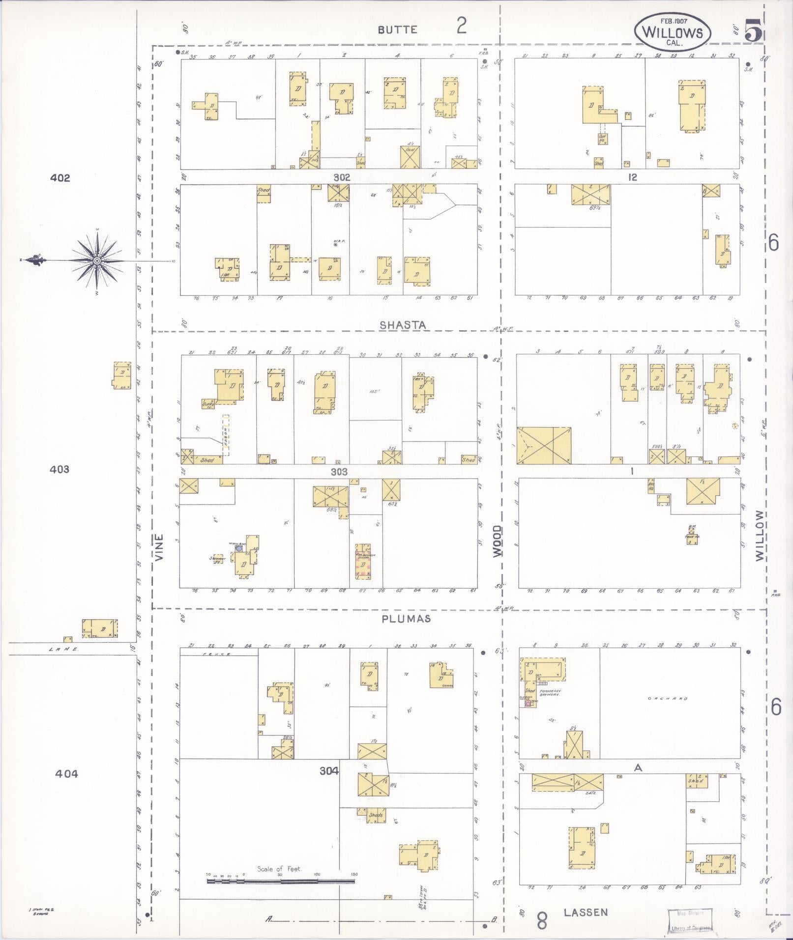 Sanborn Fire Insurance Map from Willows, Glenn County, California (1907), Sheet #0005 - Complete Map Set gallery image, historic Sanborn map, vintage wall art, California California
