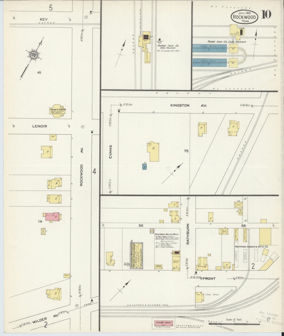 Sanborn Fire Insurance Map from Rockwood, Roane County, Tennessee (1913), Sheet #0010 - Historic Sanborn Fire Insurance Map Print, vintage old map wall art, antique decor, genealogy gift, Tennessee Tennessee map