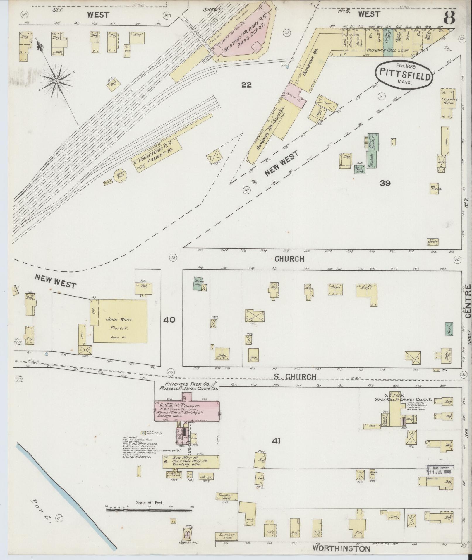 Sanborn Fire Insurance Map from Pittsfield, Berkshire County, Massachusetts (1889), Sheet #0008 - Historic Sanborn Fire Insurance Map Print, vintage old map wall art, antique decor, genealogy gift, Massachusetts Massachusetts map
