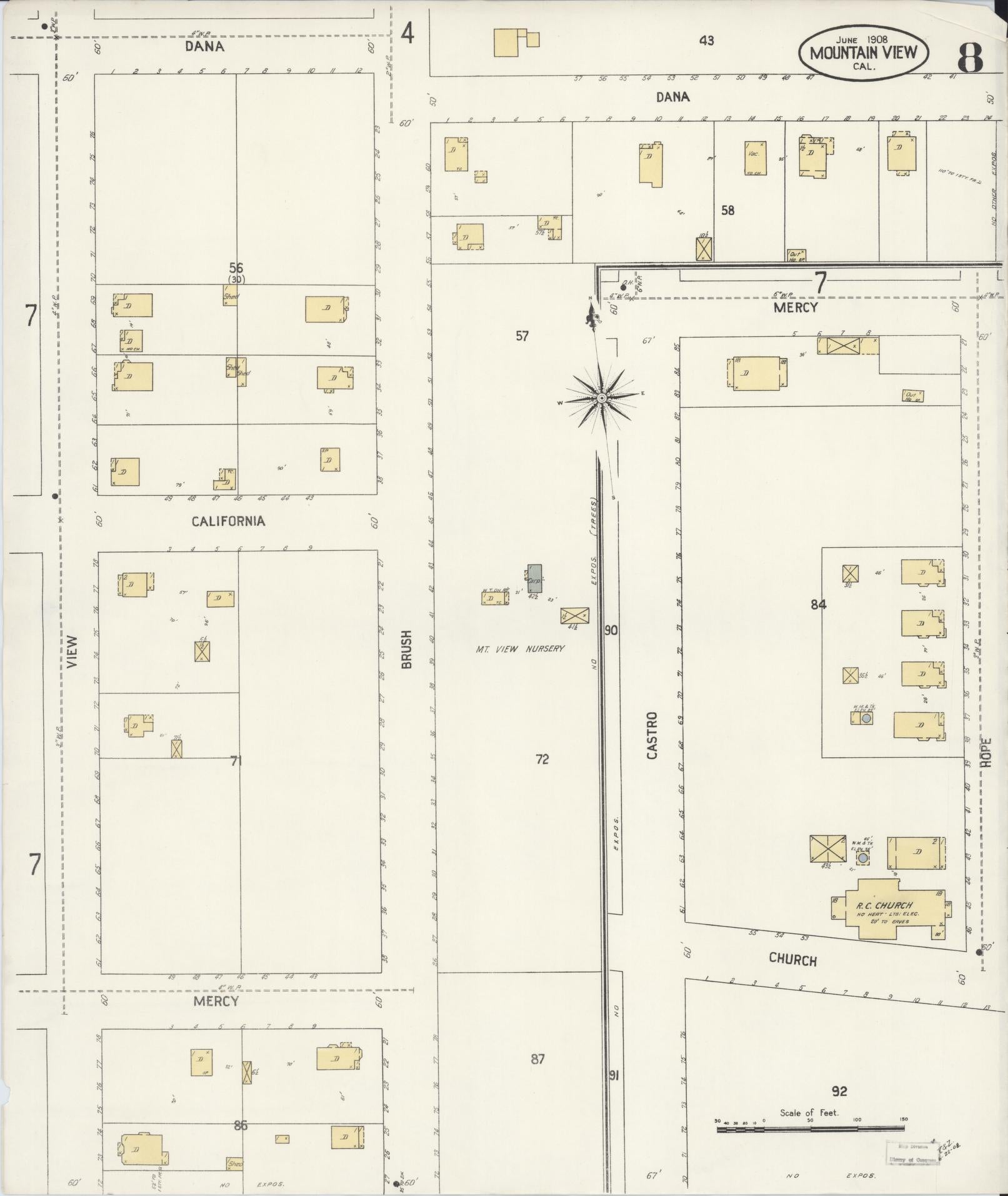 Sanborn Fire Insurance Map from Mountain View, Santa Clara County, California (1908), Sheet #0008 - Complete Map Set gallery image, historic Sanborn map, vintage wall art, California California