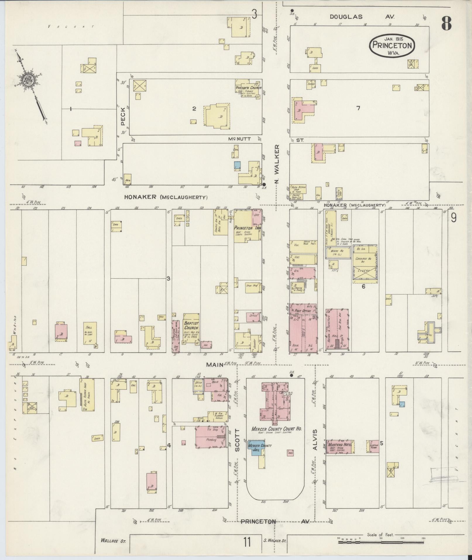 Sanborn Fire Insurance Map from Princeton, Mercer County, West Virginia (1915), Sheet #0008 - Historic Sanborn Fire Insurance Map Print, vintage old map wall art, antique decor, genealogy gift, West Virginia West Virginia map