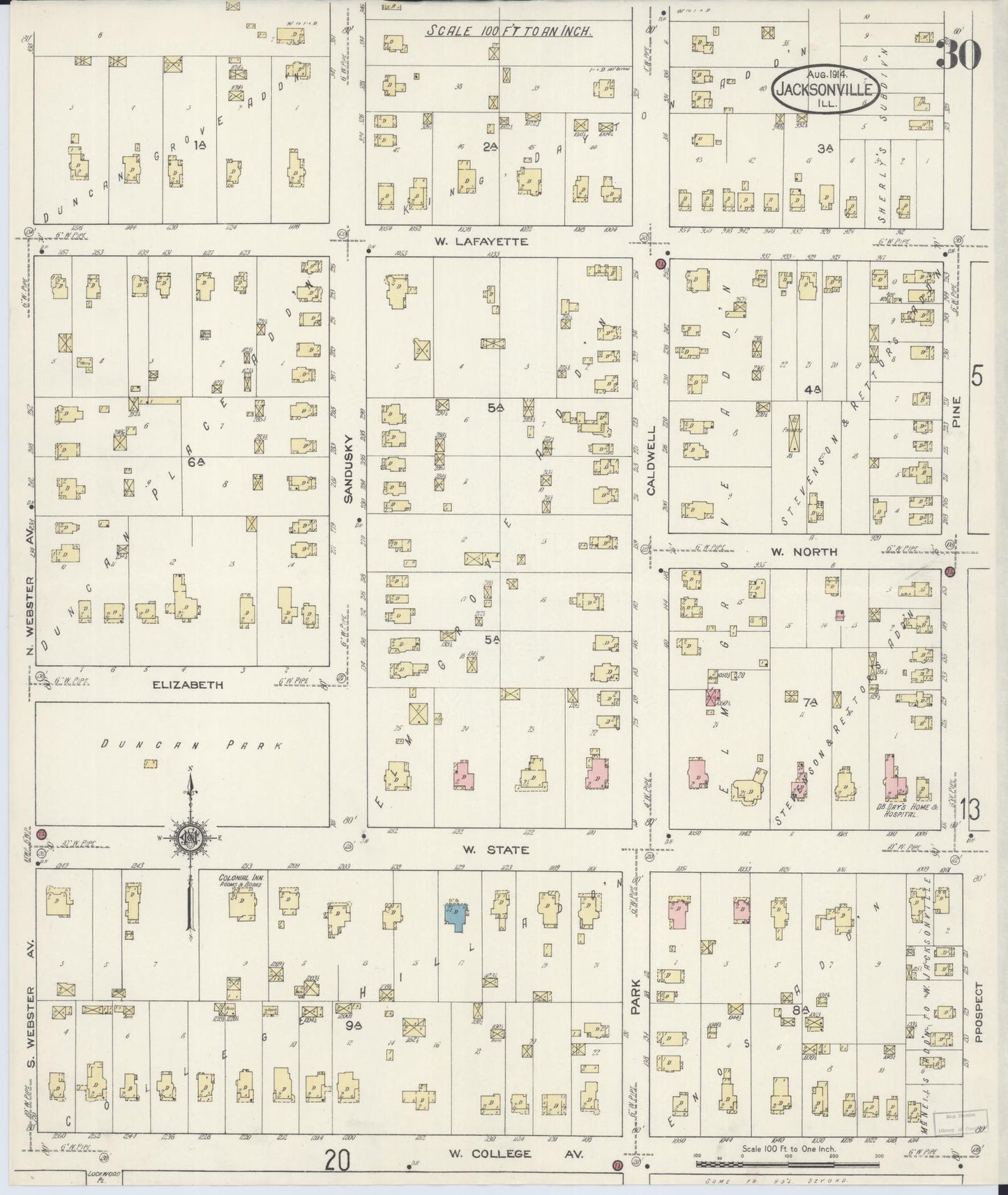 Sanborn Fire Insurance Map from Jacksonville, Morgan County, Illinois (1914), Sheet #0030 - Historic Sanborn Fire Insurance Map Print, vintage old map wall art, antique decor, genealogy gift, Illinois Illinois map