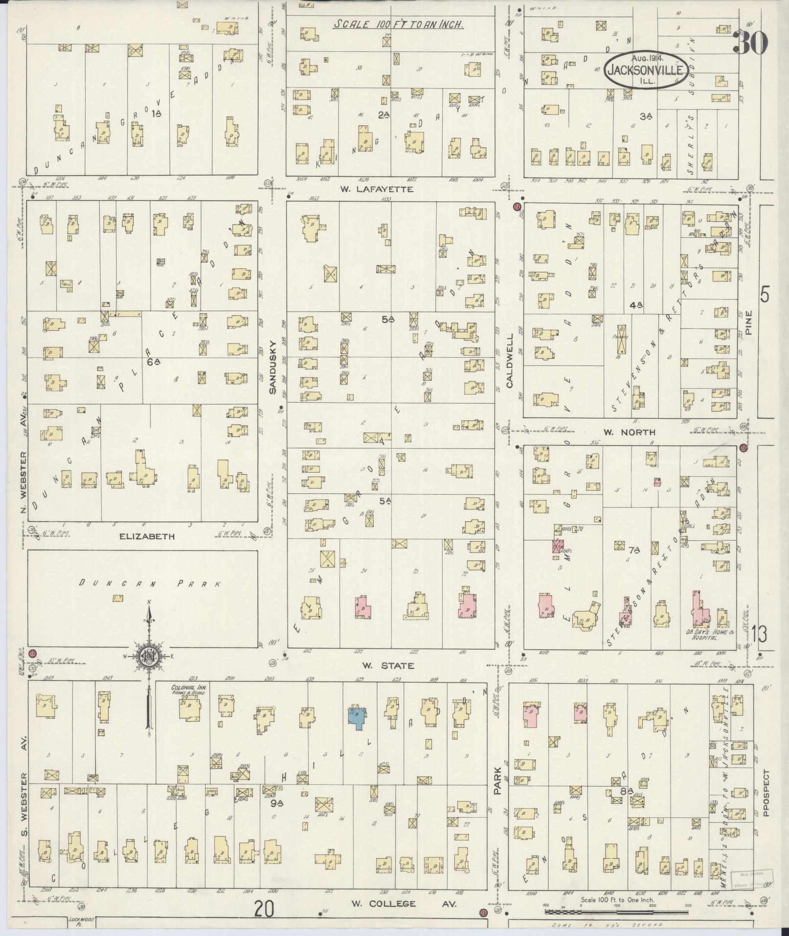 Sanborn Fire Insurance Map from Jacksonville, Morgan County, Illinois (1914), Sheet #0030 - Historic Sanborn Fire Insurance Map Print, vintage old map wall art, antique decor, genealogy gift, Illinois Illinois map