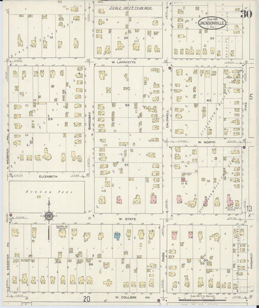Sanborn Fire Insurance Map from Jacksonville, Morgan County, Illinois (1914), Sheet #0030 - Historic Sanborn Fire Insurance Map Print, vintage old map wall art, antique decor, genealogy gift, Illinois Illinois map