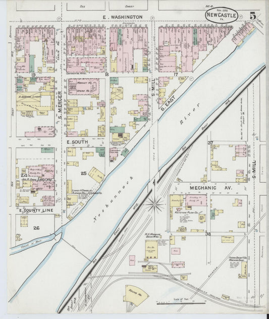 Sanborn Fire Insurance Map from New Castle, Lawrence County, Pennsylvania (1888), Sheet #0005 - Historic Sanborn Fire Insurance Map Print, vintage old map wall art, antique decor, genealogy gift, Pennsylvania Pennsylvania map