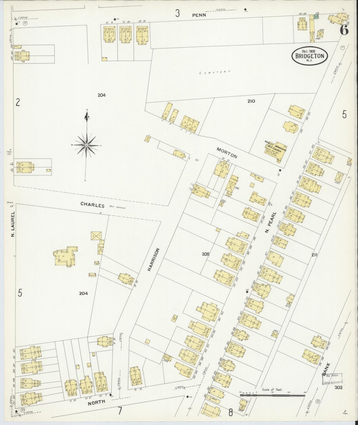 Sanborn Fire Insurance Map from Bridgeton, Cumberland County, New Jersey (1908), Sheet #0006 - Complete Map Set gallery image, historic Sanborn map, vintage wall art, New Jersey New Jersey