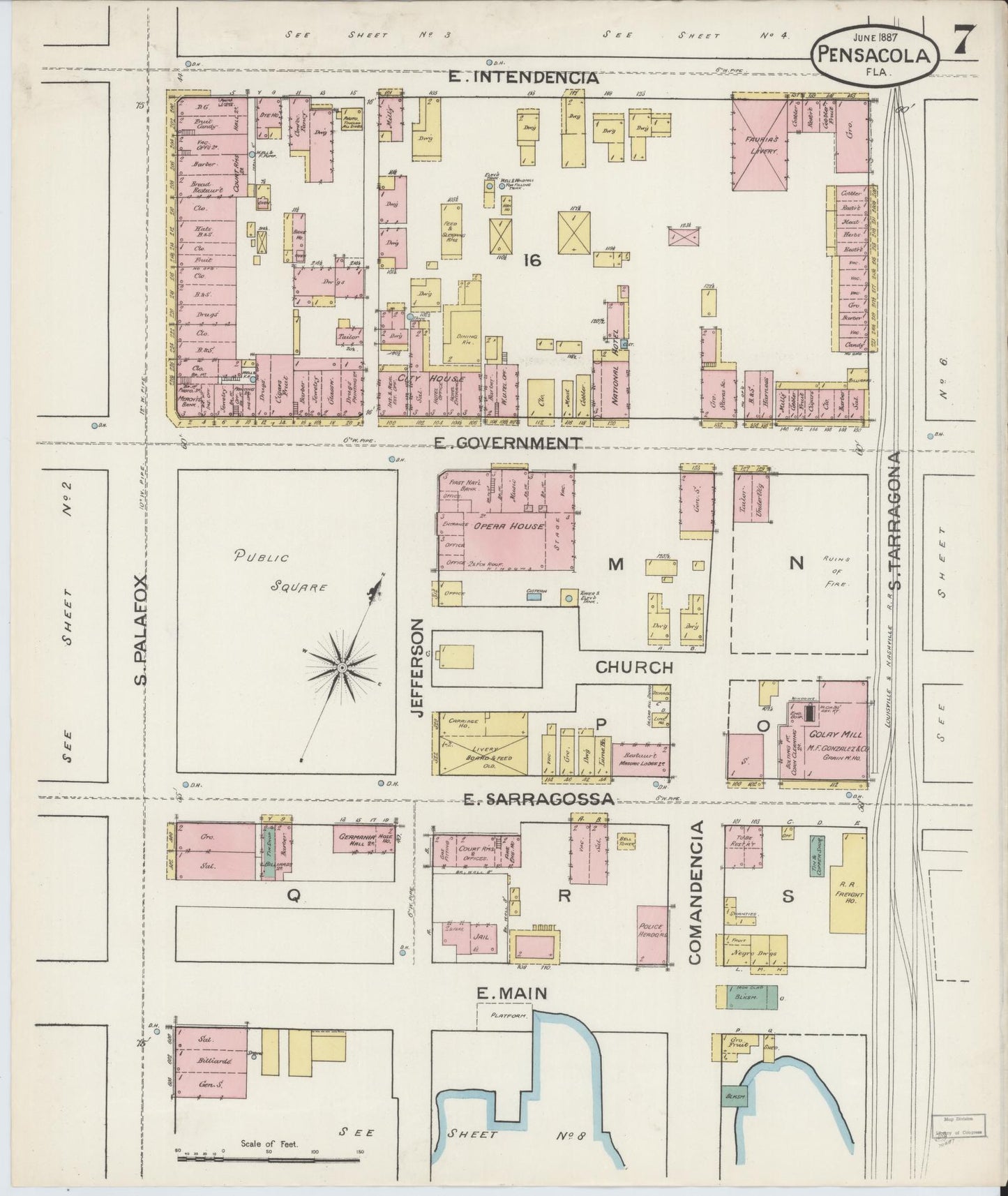 Sanborn Fire Insurance Map from Pensacola, Escambia County, Florida (1887), Sheet #0007 - Complete Map Set gallery image, historic Sanborn map, vintage wall art, Florida Florida