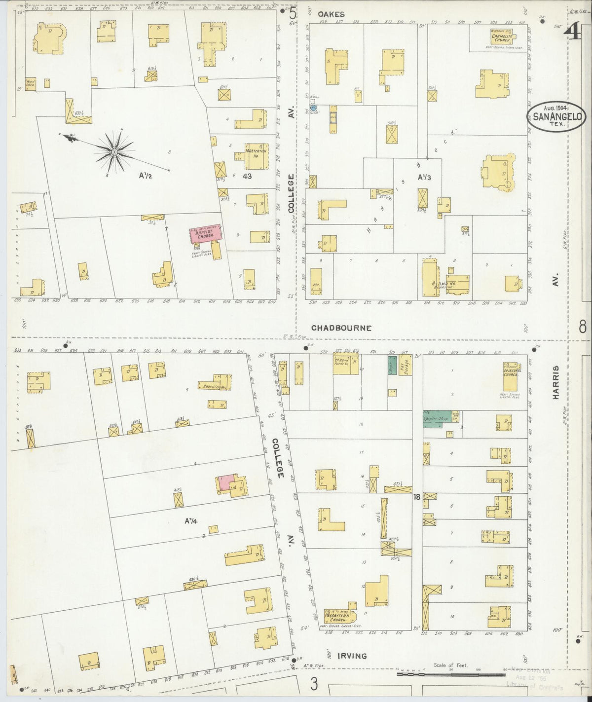 Sanborn Fire Insurance Map from San Angelo, Tom Green County, Texas (1904), Sheet #0004 - Historic Sanborn Fire Insurance Map Print, vintage old map wall art, antique decor, genealogy gift, Texas Texas map