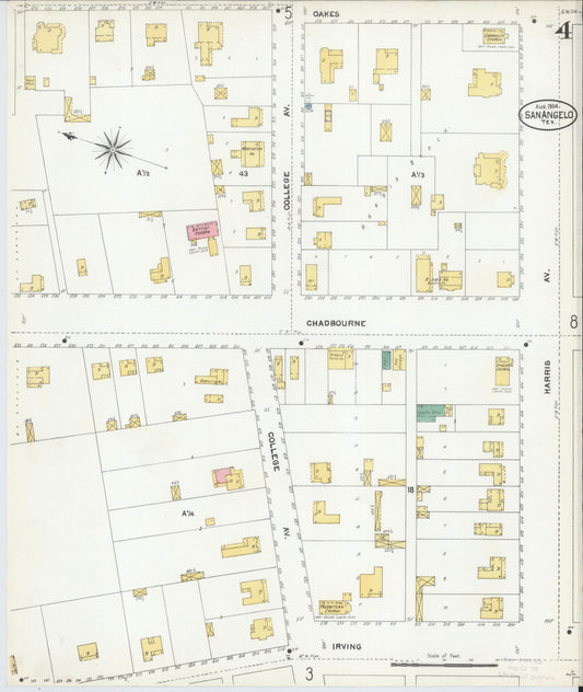 Sanborn Fire Insurance Map from San Angelo, Tom Green County, Texas (1904), Sheet #0004 - Historic Sanborn Fire Insurance Map Print, vintage old map wall art, antique decor, genealogy gift, Texas Texas map