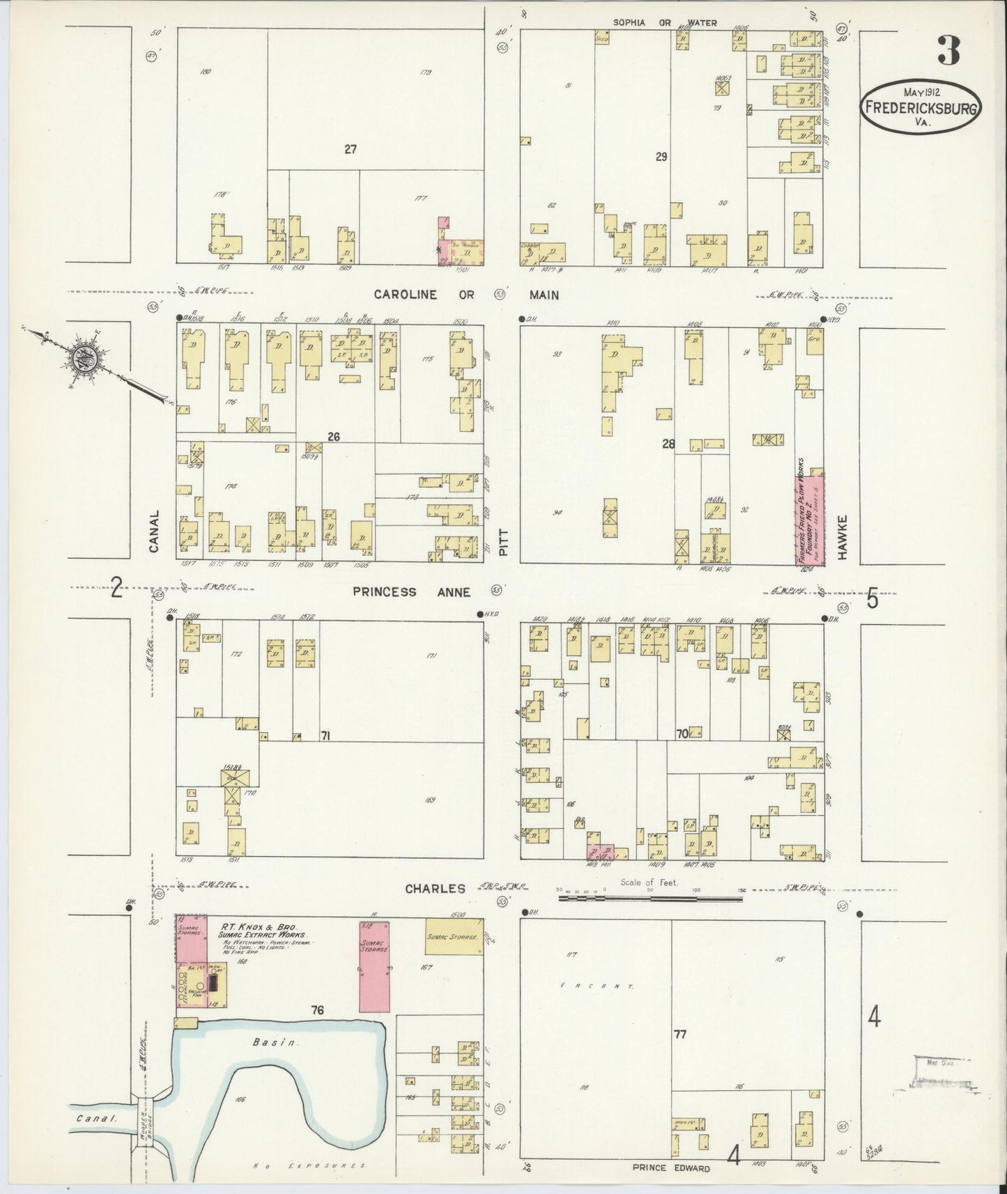 Sanborn Fire Insurance Map from Fredericksburg, Independent Cities, Virginia (1912), Sheet #0003 - Historic Sanborn Fire Insurance Map Print, vintage old map wall art, antique decor, genealogy gift, Virginia Virginia map