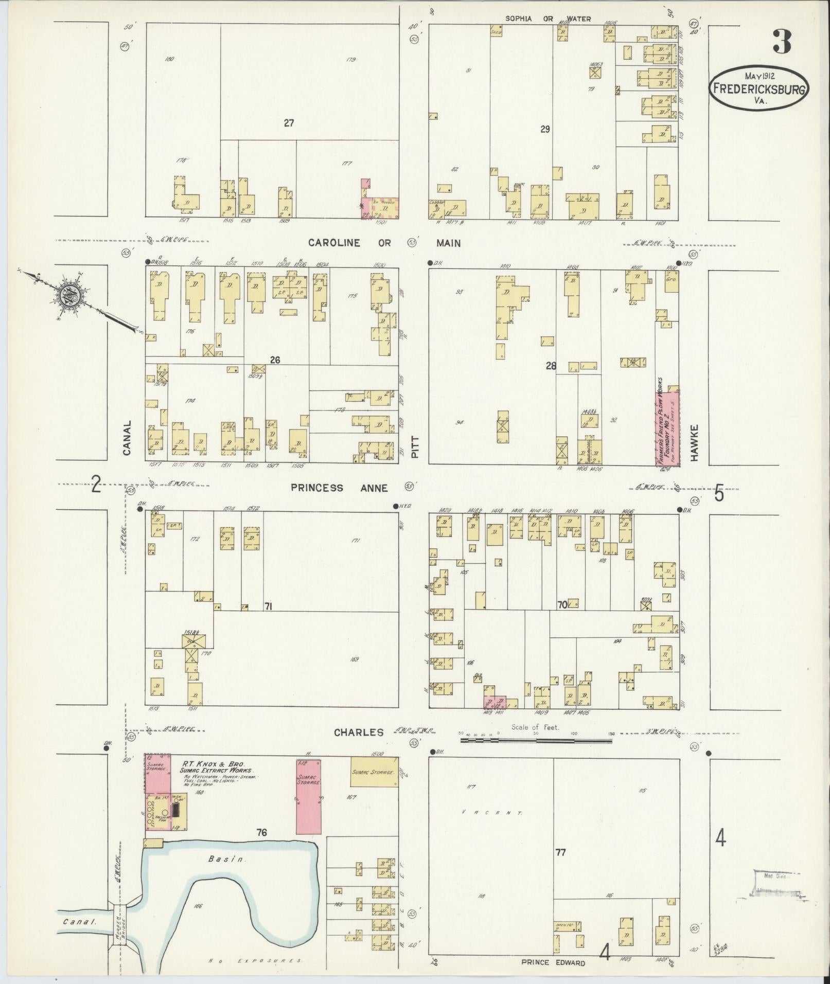 Sanborn Fire Insurance Map from Fredericksburg, Independent Cities, Virginia (1912), Sheet #0003 - Historic Sanborn Fire Insurance Map Print, vintage old map wall art, antique decor, genealogy gift, Virginia Virginia map