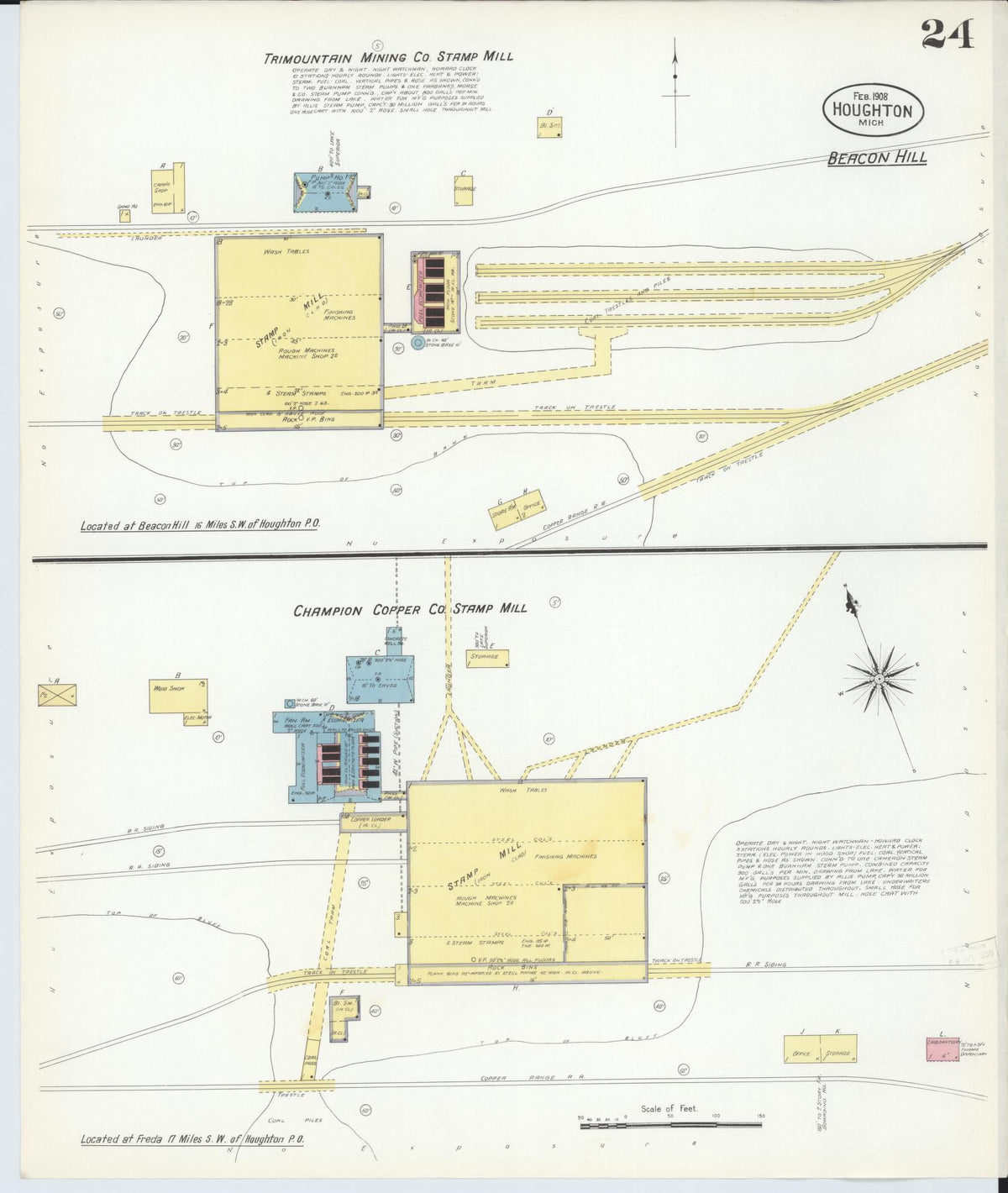 Sanborn Fire Insurance Map from Houghton, Houghton County, Michigan (1908), Sheet #0024 - Historic Sanborn Fire Insurance Map Print, vintage old map wall art, antique decor, genealogy gift, Michigan Michigan map