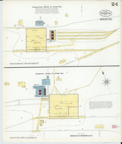 Sanborn Fire Insurance Map from Houghton, Houghton County, Michigan (1908), Sheet #0024 - Historic Sanborn Fire Insurance Map Print, vintage old map wall art, antique decor, genealogy gift, Michigan Michigan map