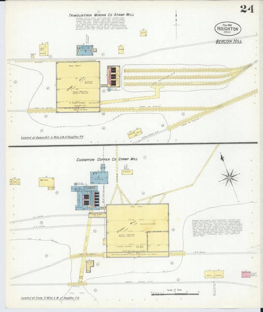 Sanborn Fire Insurance Map from Houghton, Houghton County, Michigan (1908), Sheet #0024 - Historic Sanborn Fire Insurance Map Print, vintage old map wall art, antique decor, genealogy gift, Michigan Michigan map