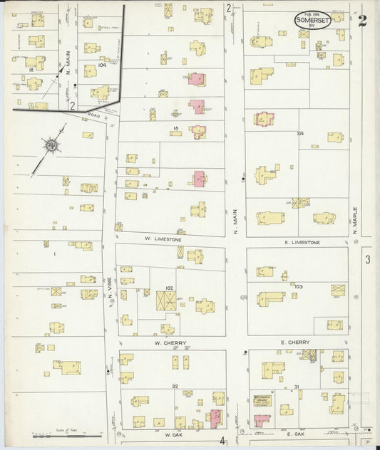 Sanborn Fire Insurance Map from Somerset, Pulaski County, Kentucky (1914), Sheet #0002 - Historic Sanborn Fire Insurance Map Print, vintage old map wall art, antique decor, genealogy gift, Kentucky Kentucky map