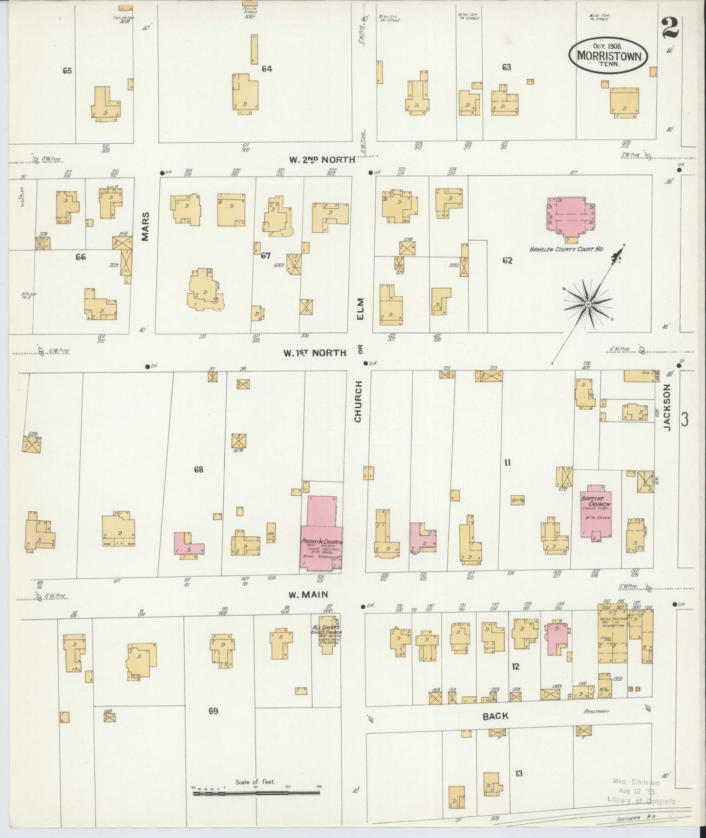 Sanborn Fire Insurance Map from Morristown, Hamblen County, Tennessee (1908), Sheet #0002 - Complete Map Set gallery image, historic Sanborn map, vintage wall art, Tennessee Tennessee