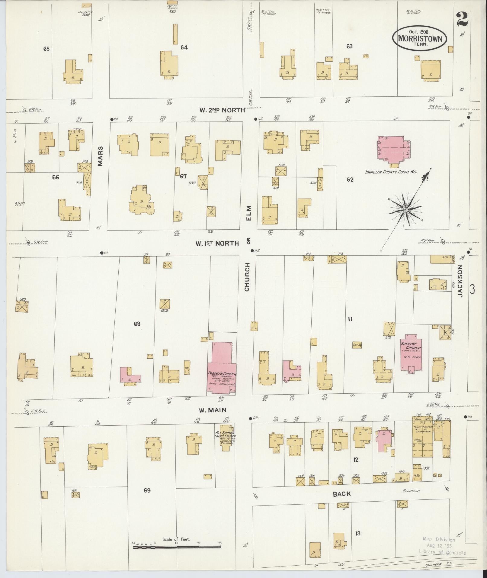 Sanborn Fire Insurance Map from Morristown, Hamblen County, Tennessee (1908), Sheet #0002 - Complete Map Set gallery image, historic Sanborn map, vintage wall art, Tennessee Tennessee