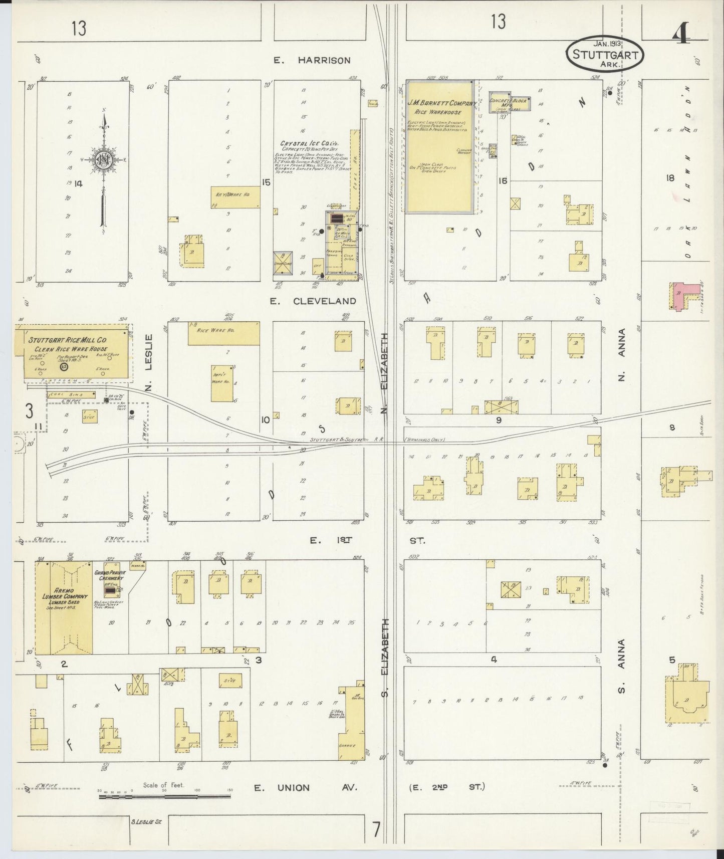 Sanborn Fire Insurance Map from Stuttgart, Arkansas County, Arkansas (1913), Sheet #0004 - Historic Sanborn Fire Insurance Map Print, vintage old map wall art, antique decor, genealogy gift, Stuttgart Arkansas map