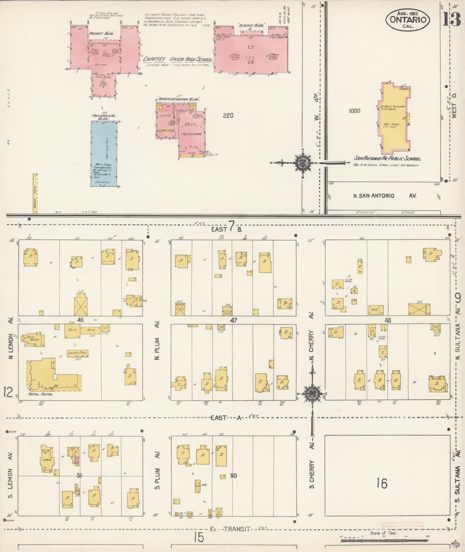 Sanborn Fire Insurance Map from Ontario, San Bernardino County, California (1912), Sheet #0013 - Historic Sanborn Fire Insurance Map Print, vintage old map wall art, antique decor, genealogy gift, California California map