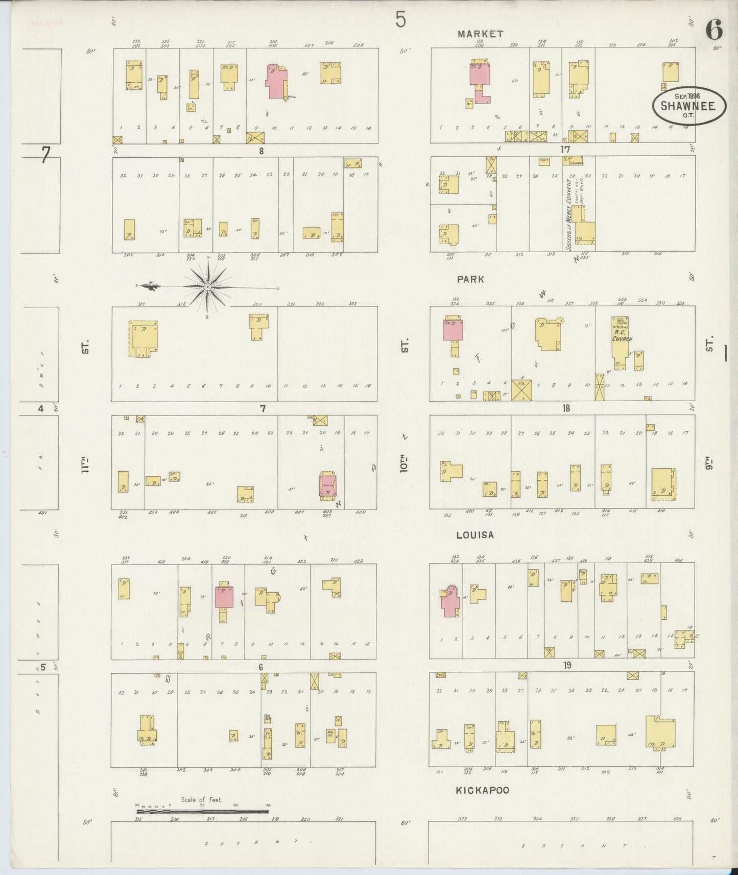 Sanborn Fire Insurance Map from Shawnee, Pottawatomie County, Oklahoma (1898), Sheet #0006 - Complete Map Set gallery image, historic Sanborn map, vintage wall art, Oklahoma Oklahoma