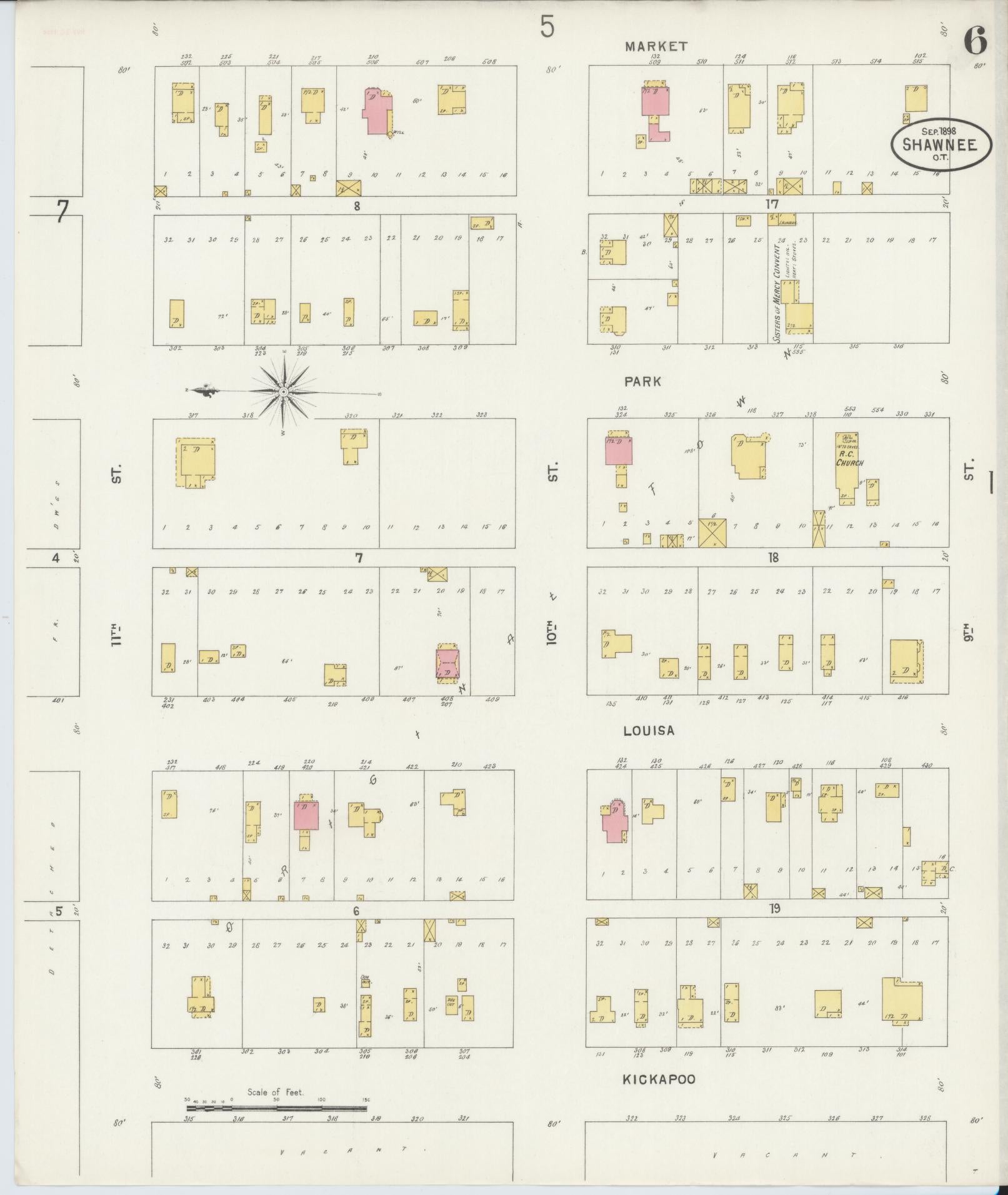 Sanborn Fire Insurance Map from Shawnee, Pottawatomie County, Oklahoma (1898), Sheet #0006 - Complete Map Set gallery image, historic Sanborn map, vintage wall art, Oklahoma Oklahoma