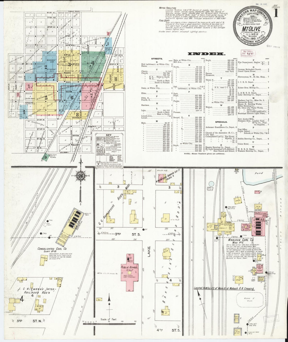 Sanborn Fire Insurance Map from Mount Olive, Macoupin County, Illinois (1910), Sheet #0001 - Historic Sanborn Fire Insurance Map Print, vintage old map wall art, antique decor, genealogy gift, Illinois Illinois map