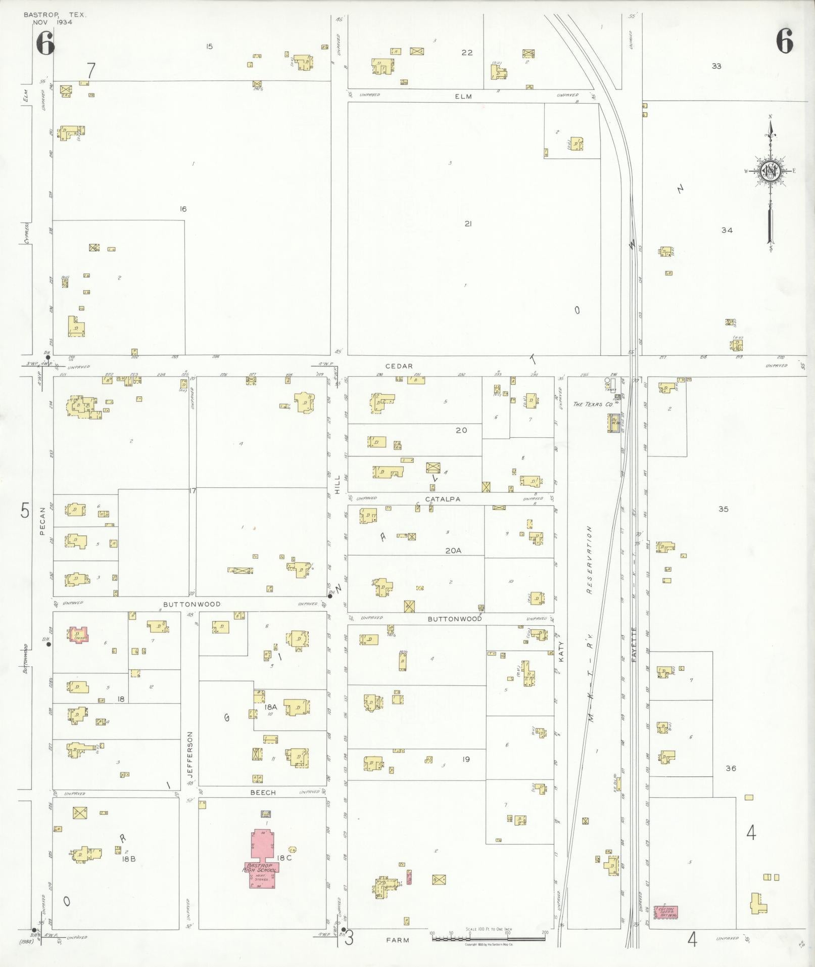 Sanborn Fire Insurance Map from Bastrop, Bastrop County, Texas (1934), Sheet #0006 - Historic Sanborn Fire Insurance Map Print, vintage old map wall art, antique decor, genealogy gift, Texas Texas map