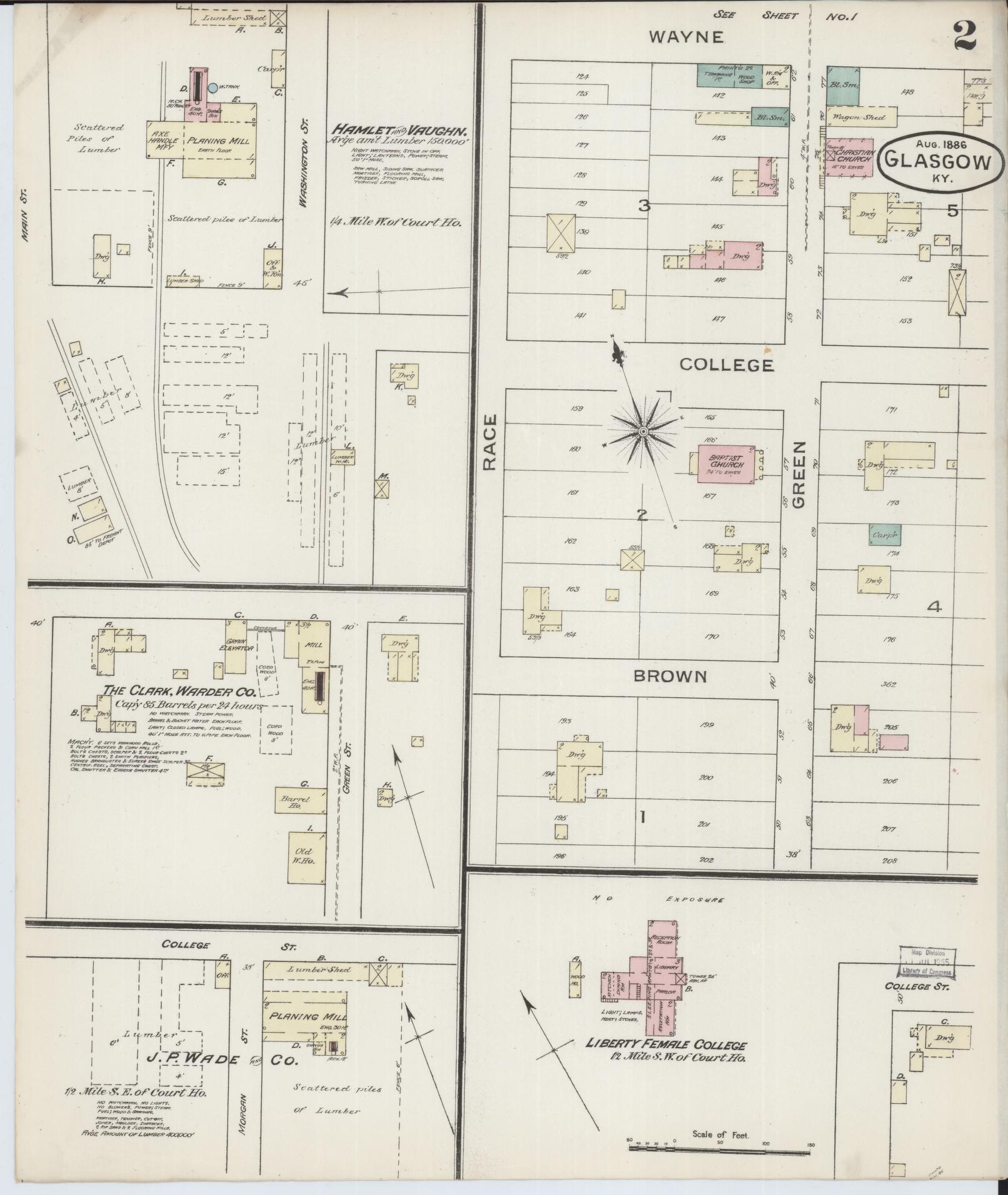 Sanborn Fire Insurance Map from Glasgow, Barren County, Kentucky (1886), Sheet #0002 - Complete Map Set gallery image, historic Sanborn map, vintage wall art, Kentucky Kentucky