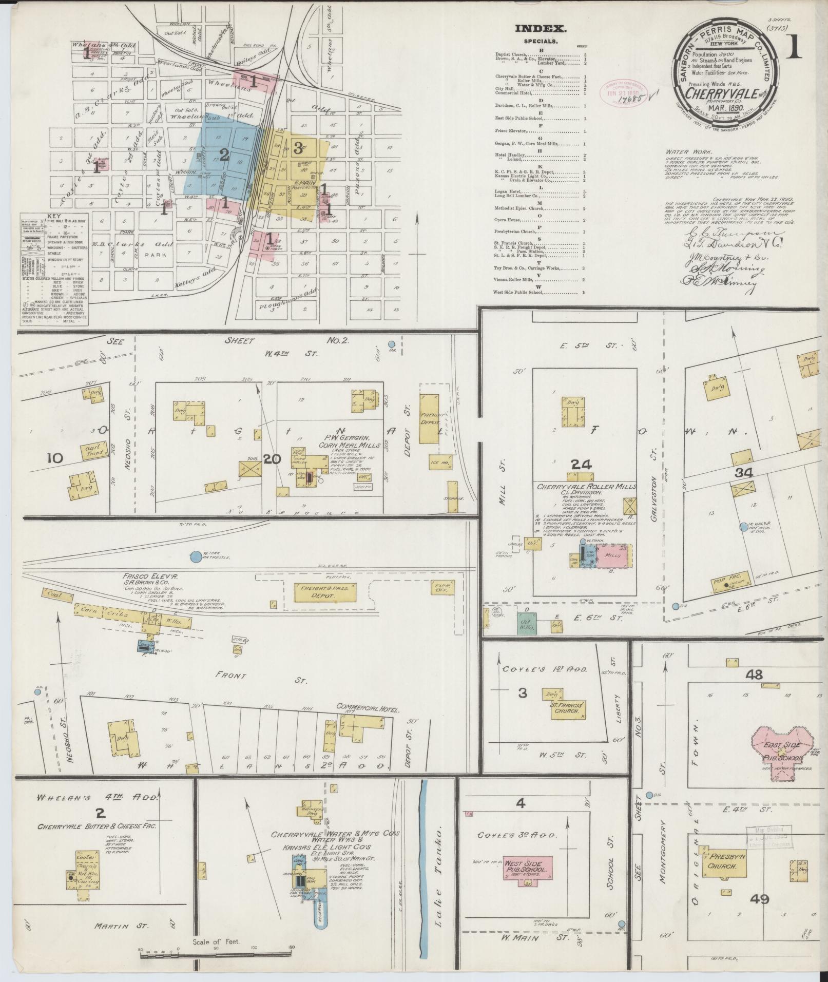 Sanborn Fire Insurance Map from Cherryvale, Montgomery County, Kansas (1890), Sheet #0001 - Historic Sanborn Fire Insurance Map Print, vintage old map wall art, antique decor, genealogy gift, Kansas Kansas map
