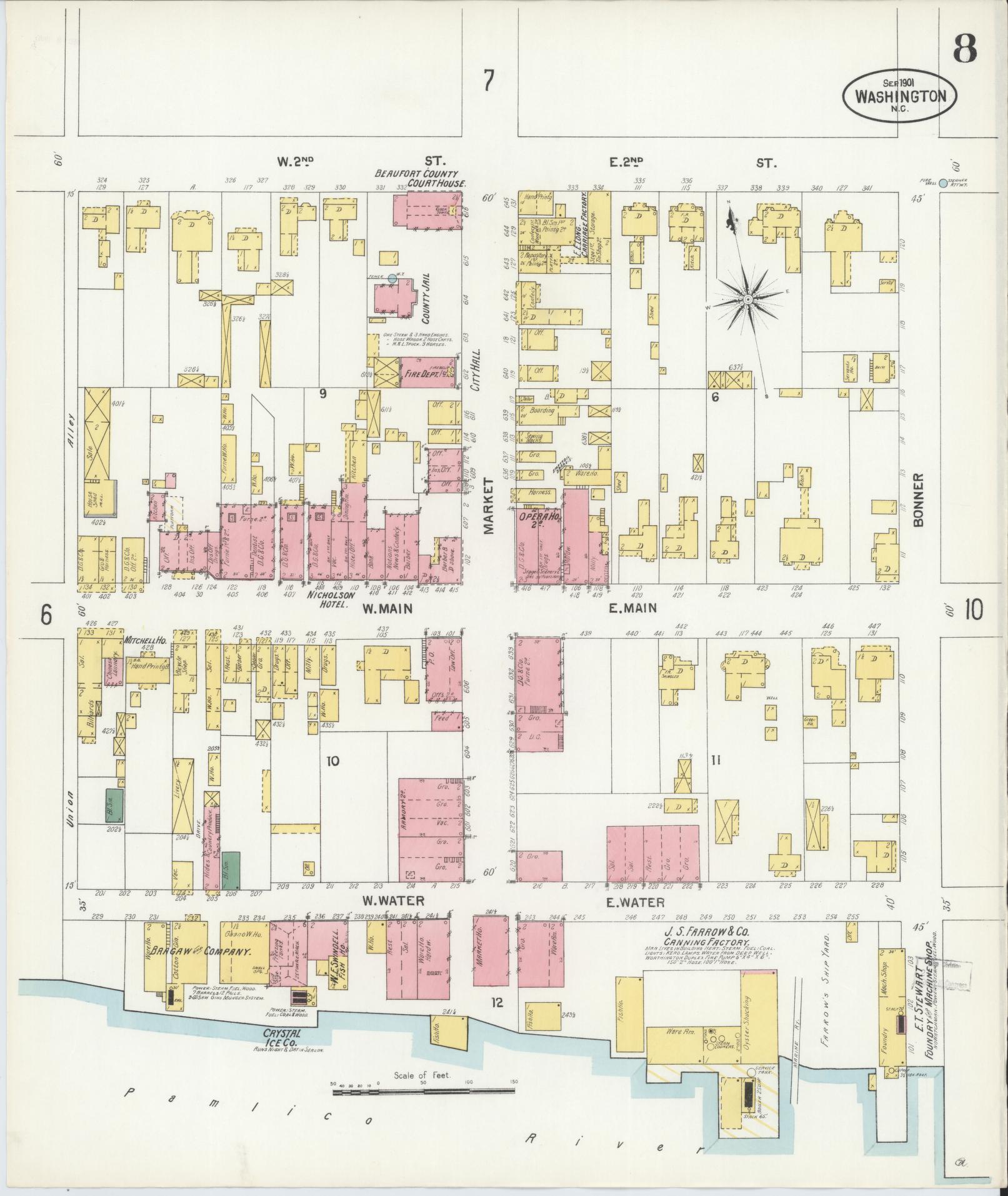 Sanborn Fire Insurance Map from Washington, Beaufort County, North Carolina (1901), Sheet #0008 - Complete Map Set gallery image, historic Sanborn map, vintage wall art, North Carolina North Carolina