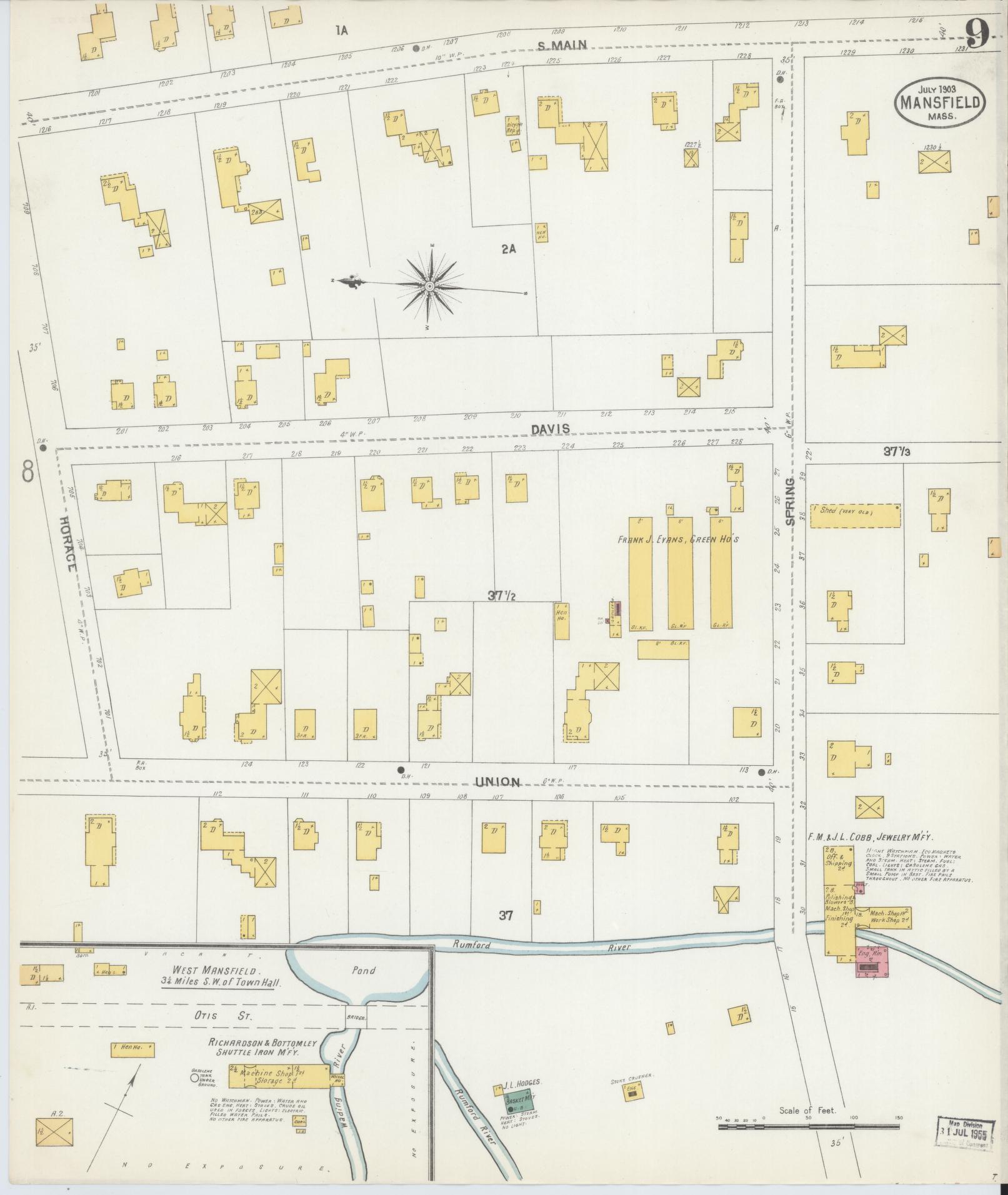 Sanborn Fire Insurance Map from Mansfield, Bristol County, Massachusetts (1903), Sheet #0009 - Complete Map Set gallery image, historic Sanborn map, vintage wall art, Massachusetts Massachusetts