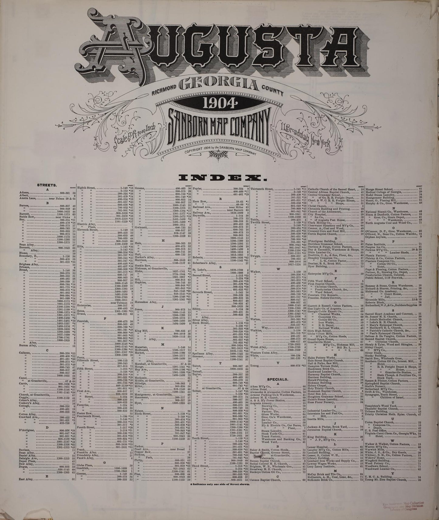 Sanborn Fire Insurance Map from Augusta, Richmond County, Georgia (1904), Sheet #0001 - Historic Sanborn Fire Insurance Map Print, vintage old map wall art, antique decor, genealogy gift, Georgia Georgia map