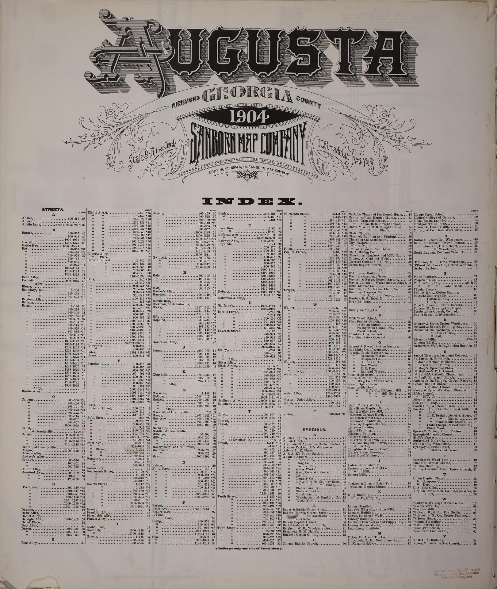 Sanborn Fire Insurance Map from Augusta, Richmond County, Georgia (1904), Sheet #0001 - Historic Sanborn Fire Insurance Map Print, vintage old map wall art, antique decor, genealogy gift, Georgia Georgia map