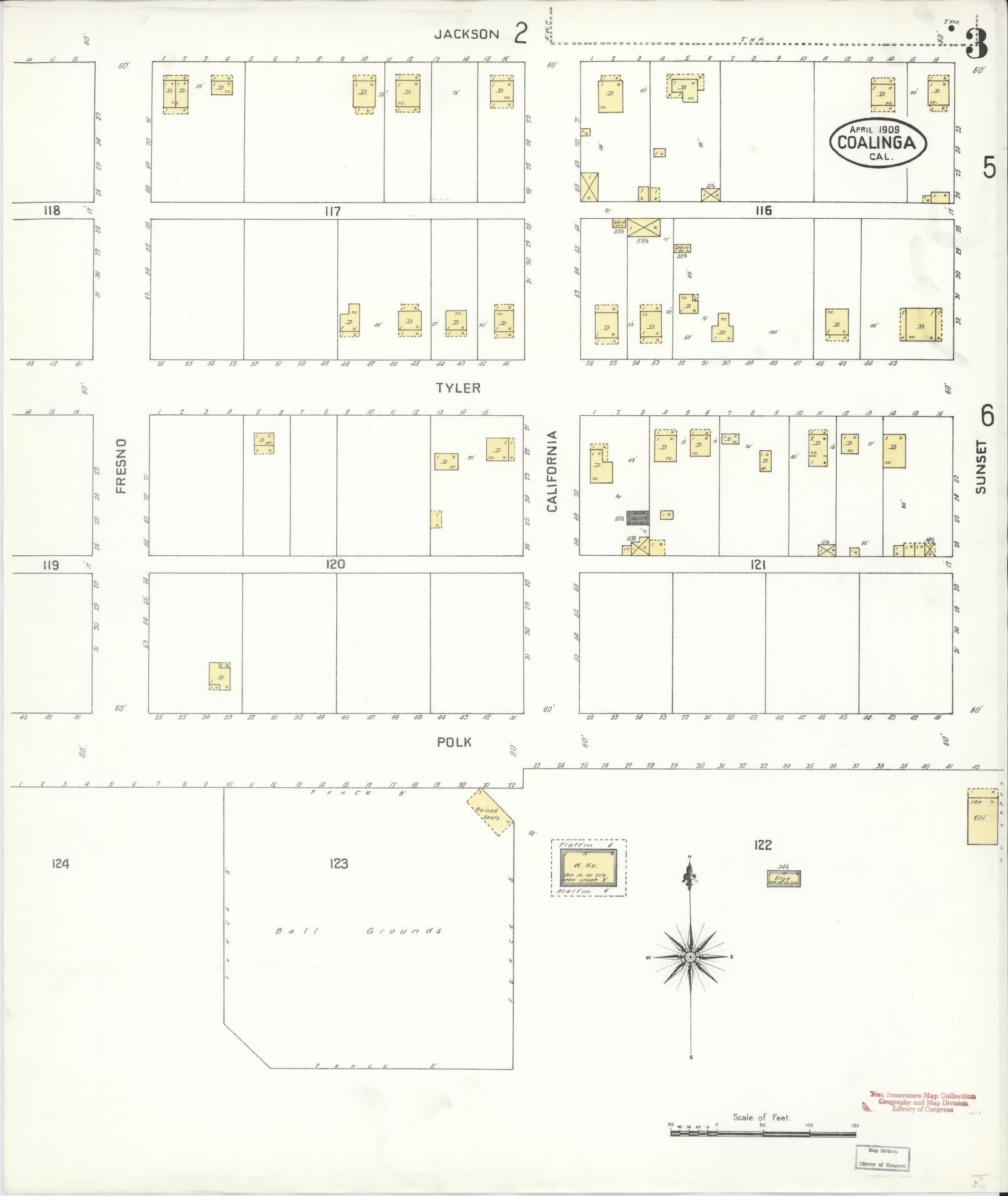 Sanborn Fire Insurance Map from Coalinga, Fresno County, California (1909), Sheet #0003 - Complete Map Set gallery image, historic Sanborn map, vintage wall art, California California